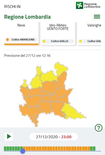 Preallarme arancione per la neve dalle 23 di questa sera in Lombardia