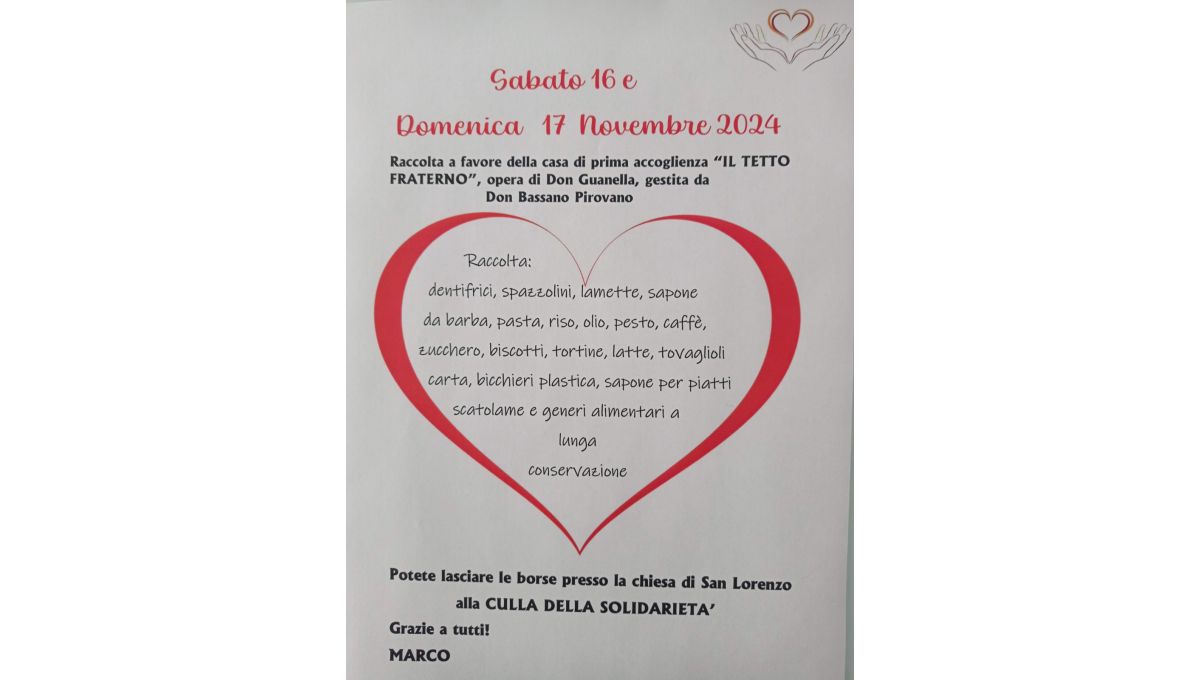 Parabiago, una raccolta di generi alimentari per Il Tetto Fraterno: 16-17 novembre