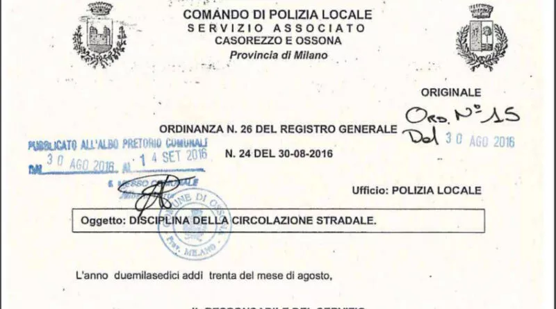 ordinanza via rimembranze polizia locale