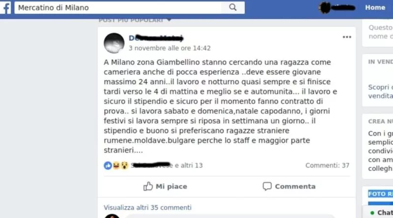 . Giambellino su Facebook. "Cercasi cameriere. No italiane. Non lavorano abbastanza". - 05/11/2018